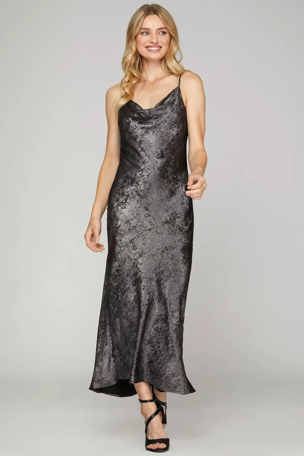 CLARA SATIN CAMI DRESS（M） Cowl Neck Satin Slip Cami Midi Dress - Black | SilkFred US