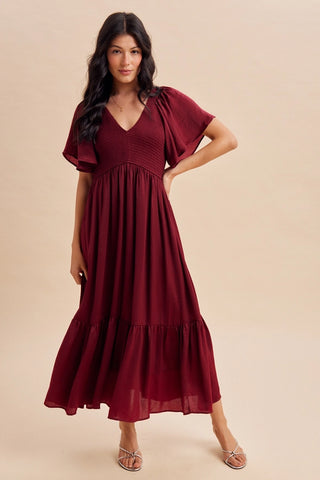SMOCKED V NECK MERLOT RED MIDI DRESS