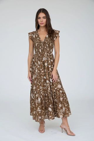 FLORAL SMOCKED V NECK DRESS