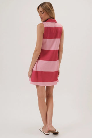 COLLARED SPLIT NECK STRIPED MINI DRESS