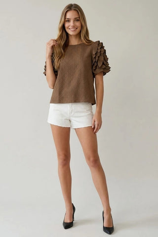 DIAMOND TEXTURE PUFF SLEEVE RUFFLE TOP