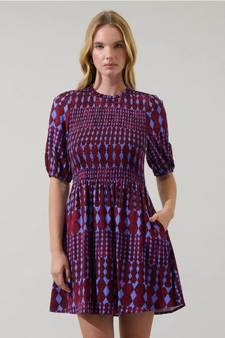 BURGUNDY BLUE GEOMETRIC PRINT SMOCKED DRESS