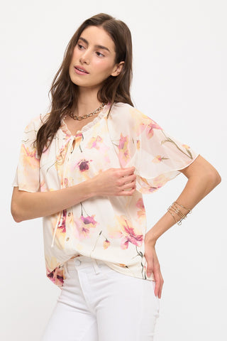 FLORAL MIXED MEDIA FLUTTER PEASANT TOP