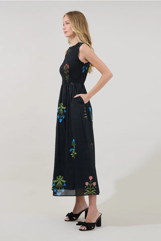 BLACK FLORAL PRINT SMOCKED MAXI DRESS