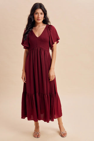 SMOCKED V NECK MERLOT RED MIDI DRESS