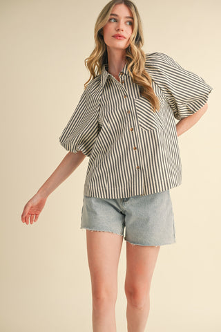 STRIPED BUBBLE SLEEVE BUTTON DOWN