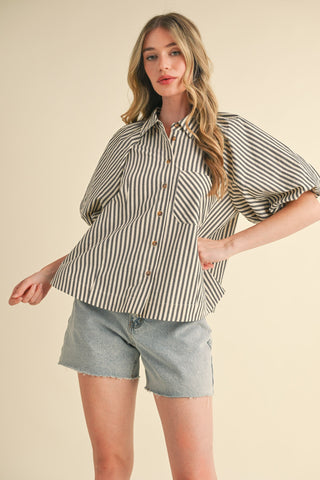STRIPED BUBBLE SLEEVE BUTTON DOWN