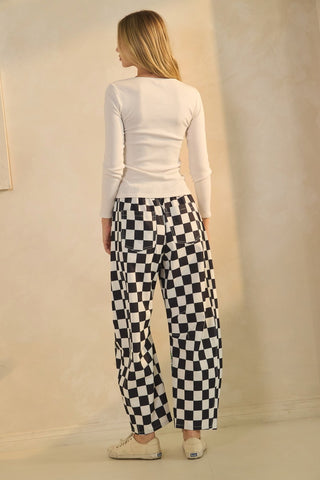FLORAL & CHECKERED PRITED BARREL PANTS