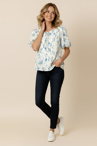 SCOOP NECK RIBBON BOW PLEATED FLORAL BLOUSE