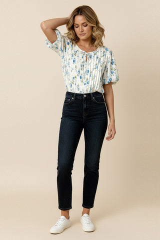 SCOOP NECK RIBBON BOW PLEATED FLORAL BLOUSE