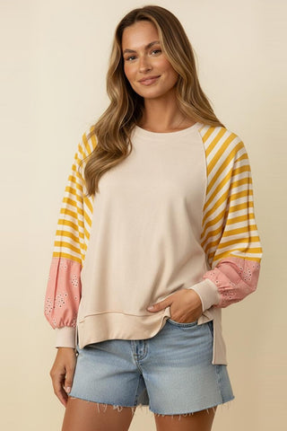 PASTEL COLOR BLOCK FLORAL FRENCH TERRY PULLOVER
