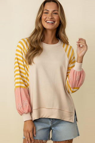 PASTEL COLOR BLOCK FLORAL FRENCH TERRY PULLOVER