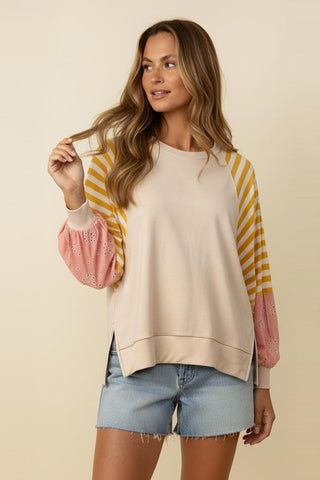 PASTEL COLOR BLOCK FLORAL FRENCH TERRY PULLOVER