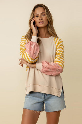 PASTEL COLOR BLOCK FLORAL FRENCH TERRY PULLOVER