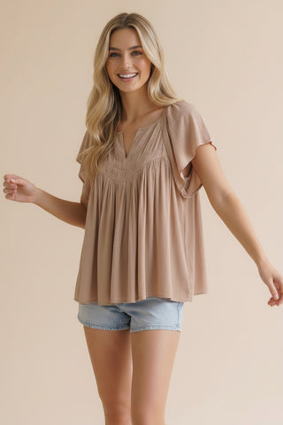 NOTCH NECK FLUTTER SLEEVE CRINKLY WOVEN BLOUSE
