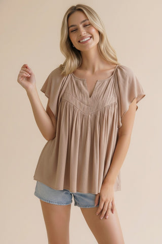 NOTCH NECK FLUTTER SLEEVE CRINKLY WOVEN BLOUSE