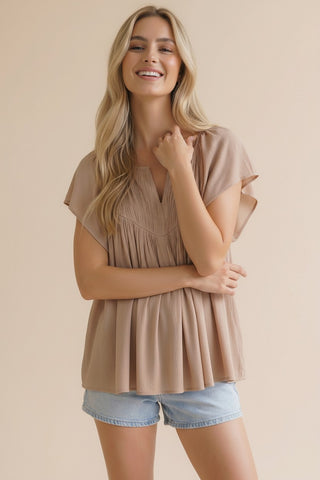 NOTCH NECK FLUTTER SLEEVE CRINKLY WOVEN BLOUSE