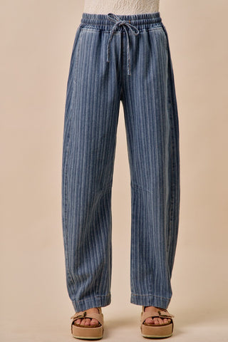 STRIPED DENIM BARREL LEG DRAWSTRING PANTS