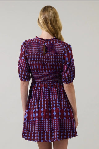 BURGUNDY BLUE GEOMETRIC PRINT SMOCKED DRESS