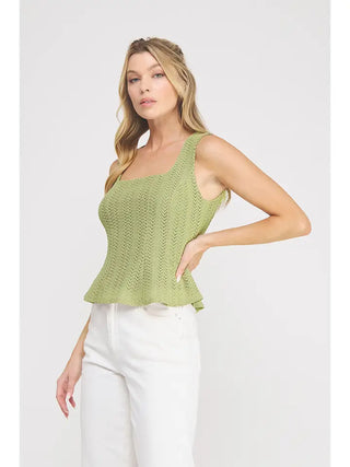 POINTELLE KNIT SQUARE NECK PEPLUM TANK