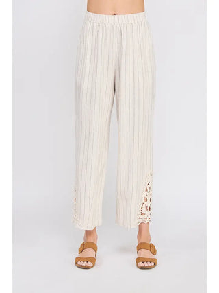 STRIPED LINEN BLEND ANKLE CROCHET PANTS