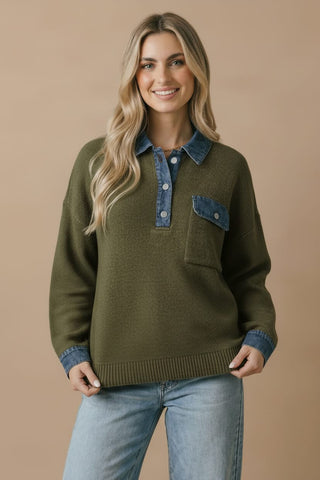 DENIM COLLAR PULLOVER TOP