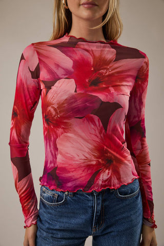 FLORAL MESH LONG SLEEVE TOP