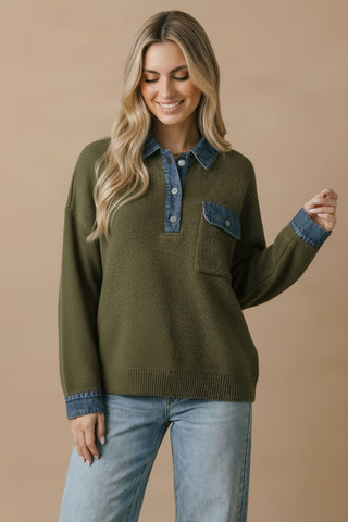 DENIM COLLAR PULLOVER TOP