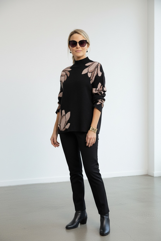 FLOWER PATTERN MOCK NECK SWEATER