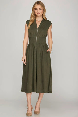OLIVE DROP SHOULDER FRONT ZIP DRESS
