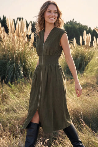 OLIVE DROP SHOULDER FRONT ZIP DRESS
