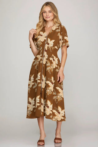 CARAMEL FLORAL FLUTTER SLEEVE FRONT ZIP DRESS
