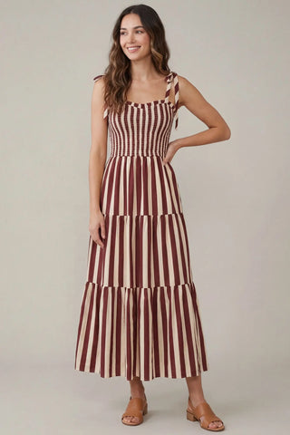 RED AND WHITE VERTICAL STRIPE MAXI DRESS
