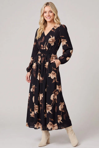 LONG SLEEVE SMOCKED WAIST MAXI DRESS WITH POCKETS