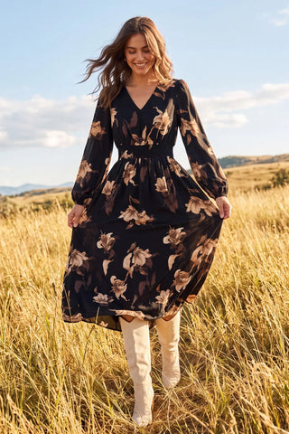 LONG SLEEVE SMOCKED WAIST MAXI DRESS WITH POCKETS