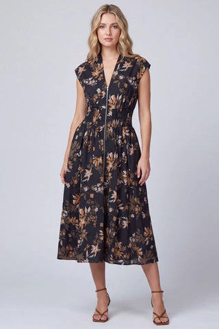 BLACK FLORAL DROP SHOULDER FRONT ZIP DRESS
