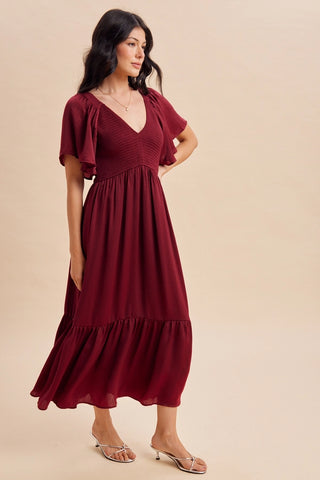 SMOCKED V NECK MERLOT RED MIDI DRESS