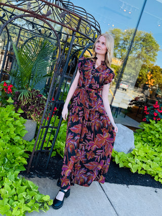 RUFFLE SLEEVE PRINTED FALL MAXI DRESS