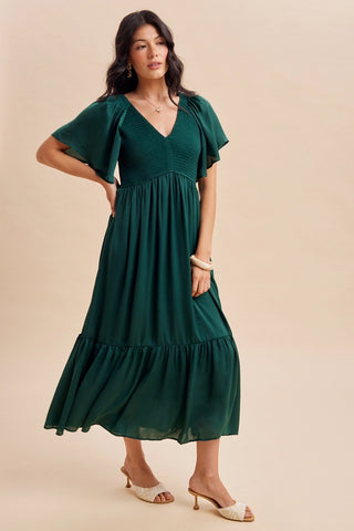 SMOCKED V NECK EMERALD MIDI DRESS