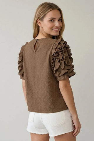 DIAMOND TEXTURE PUFF SLEEVE RUFFLE TOP