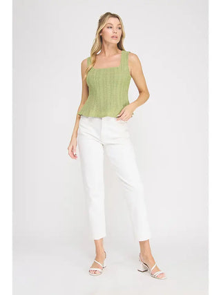 POINTELLE KNIT SQUARE NECK PEPLUM TANK