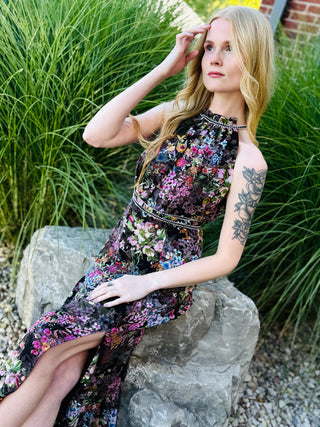 FLORA PRINT CHIFFON HALTER NECK MAXI DRESS