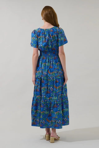 COBALT FLORAL FALL TIERED MAXI DRESS