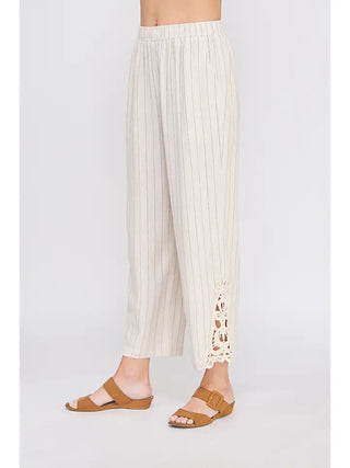 STRIPED LINEN BLEND ANKLE CROCHET PANTS