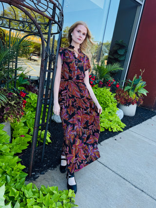 RUFFLE SLEEVE PRINTED FALL MAXI DRESS