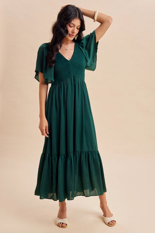 SMOCKED V NECK EMERALD MIDI DRESS