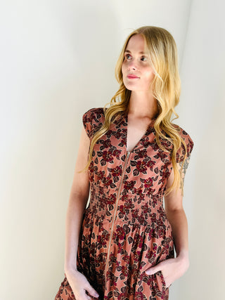 FLORAL ZIP-FRONT MIDI DRESS