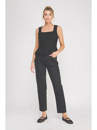 POINTELLE KNIT SQUARE NECK PEPLUM TANK