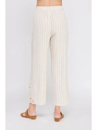 STRIPED LINEN BLEND ANKLE CROCHET PANTS