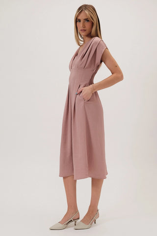 V-NECK PLEATED FRONT MAUVE DRESS